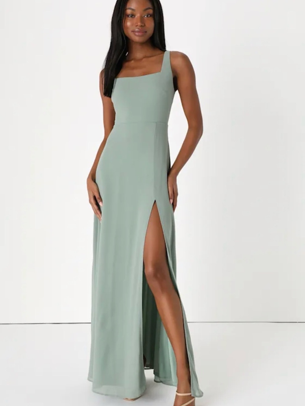 Lulu's Sage Green Square-Neck Maxi Dress with High Side Slit